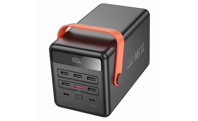 HOCO J142 Power bank with Ultra Large 100,000mAh capacity, 22.5W PD20W Dual Type-C port input, Single Type-C and 6 × USB-A Ports Outputs, LED Digital Display of Power Level, Indicator of Fast Charging, With LED Lamp and Handle - Black